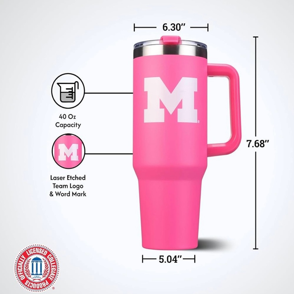 GO BLUE with Pink NIB Michigan Wolverines 40oz Tumbler W/ Straw - Picture 3 of 5